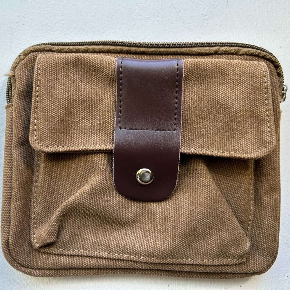 Ibagbar Belt Bag Brown Canvas Men's Satchel Small Snap Zipper Travel